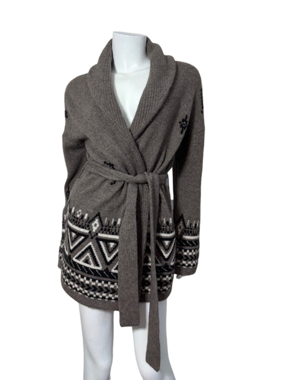 360 CASHMERE Wool Cashmere Belted Wrap Cardigan Sweater XS Taupe Geometric South